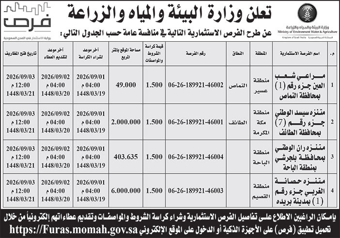 إعلان وزارة البيئة والمياه والزراعة 