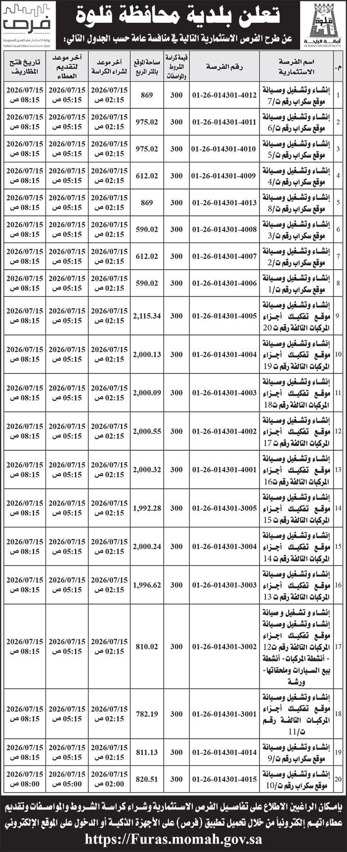 إعلان بلدية محافظة قلوة 