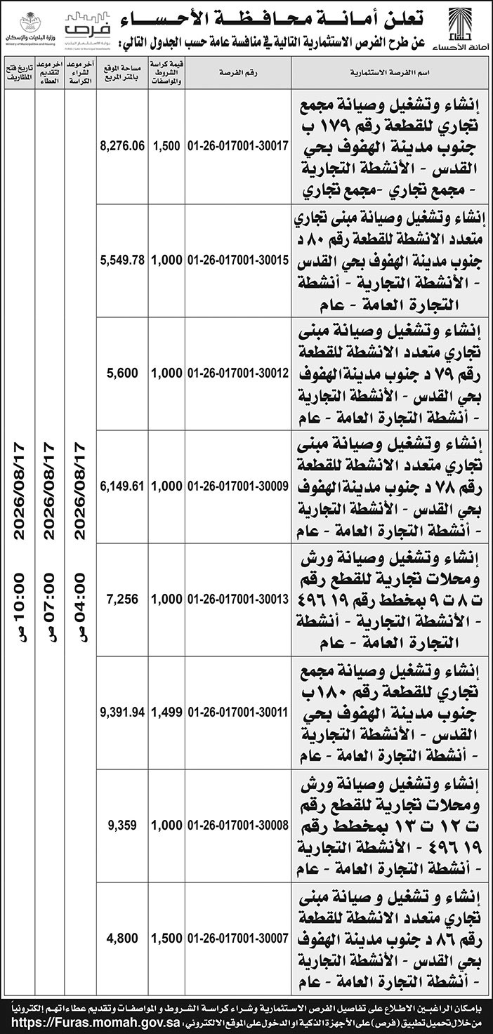 إعلان أمانة محافظة الأحساء 