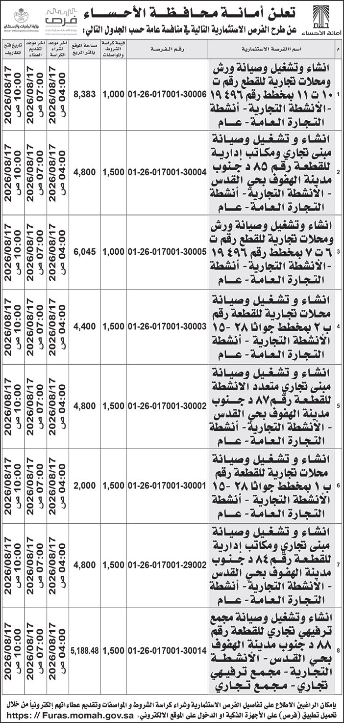 إعلان أمانة محافظة الأحساء 