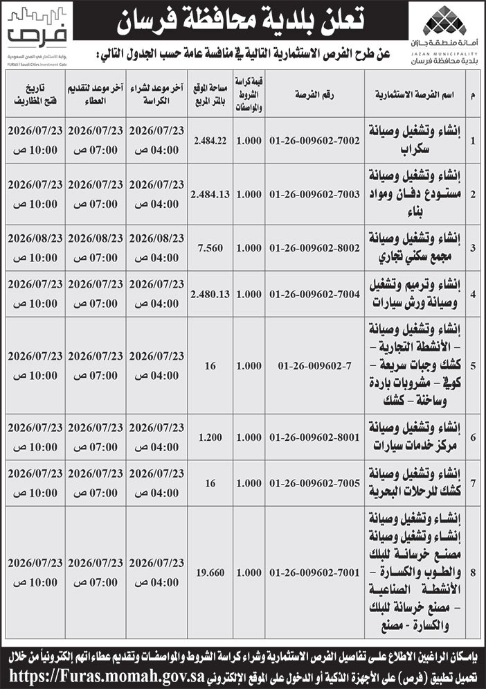 إعلان بلدية محافظة فرسان 