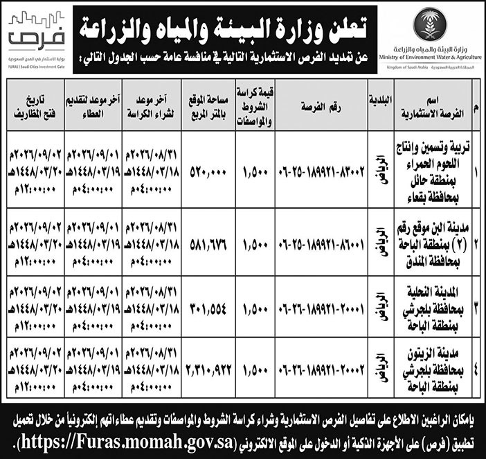 إعلان وزارة البيئة والمياه والزراعة 