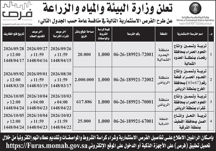 إعلان وزارة البيئة والمياه والزراعة 