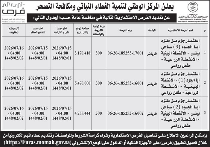 إعلان المركز الوطني لتنمية الغطاء النباتي ومكافحة التصحر 