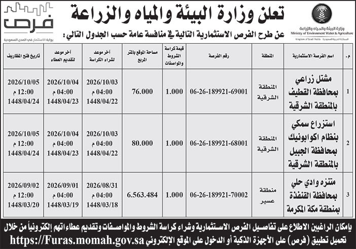 إعلان وزارة البيئة والمياه والزراعة 