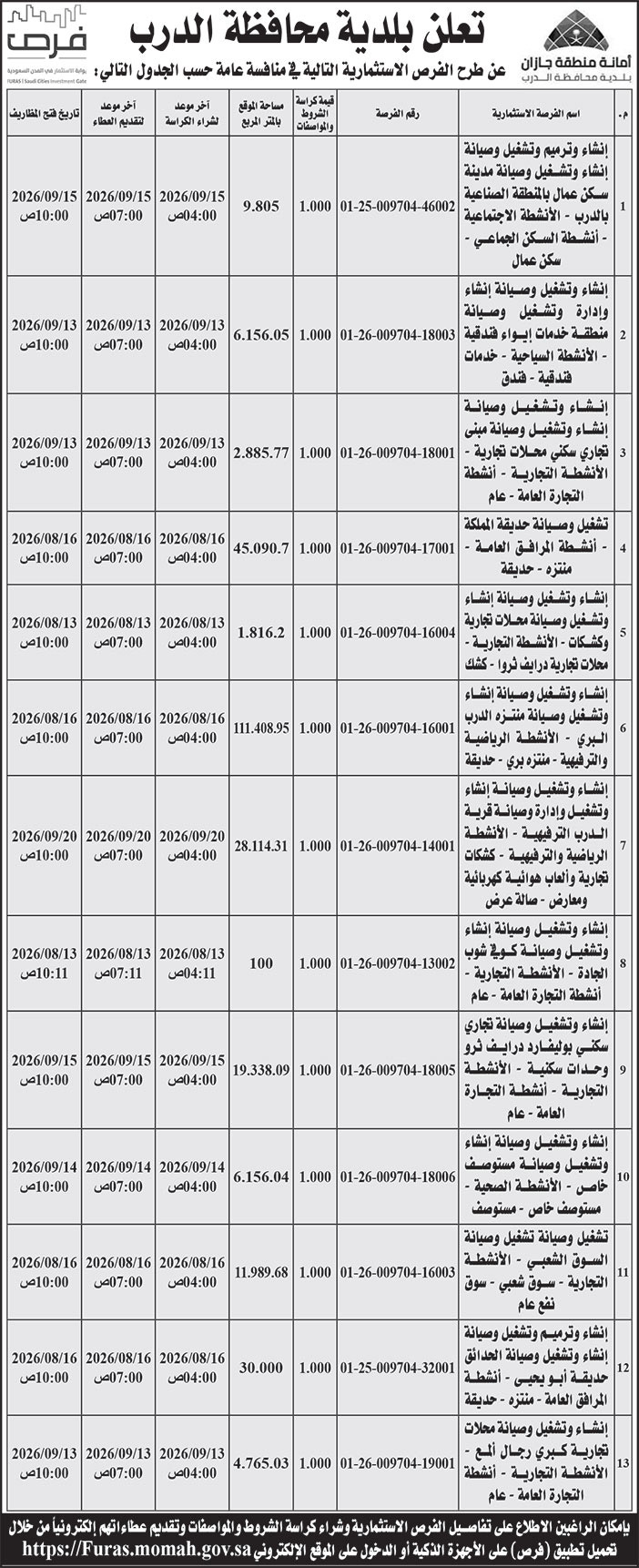 إعلان بلدية محافظة الدرب 