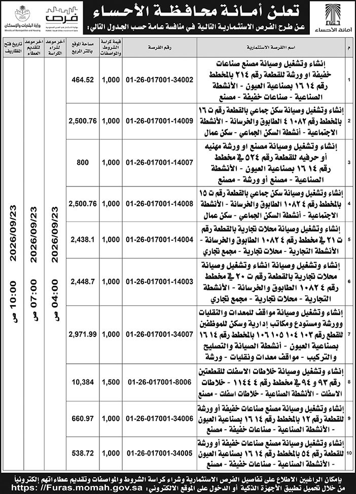 إعلان أمانة محافظة الأحساء 