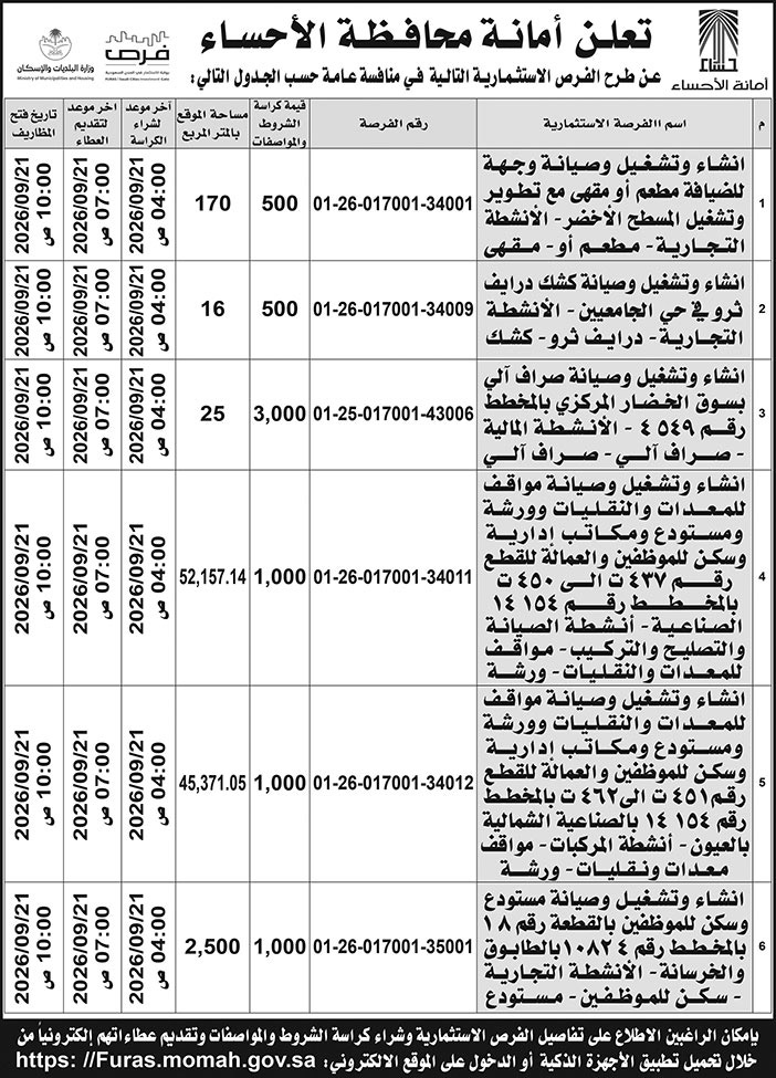 إعلان أمانة محافظة الأحساء 