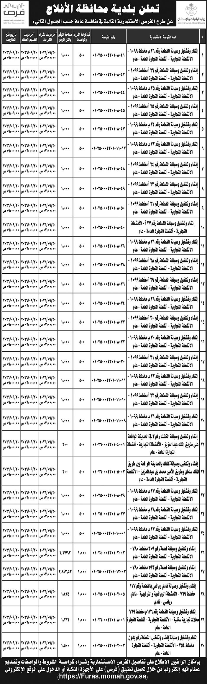 إعلان بلدية محافظة الأفلاج 
