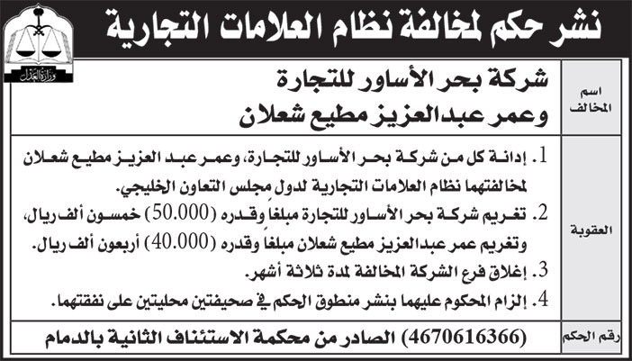 إعلان نشر حكم لمخالفة نظام العلامات التجارية/ شركة بحر 