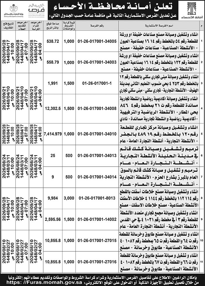 إعلان أمانة محافظة الأحساء 