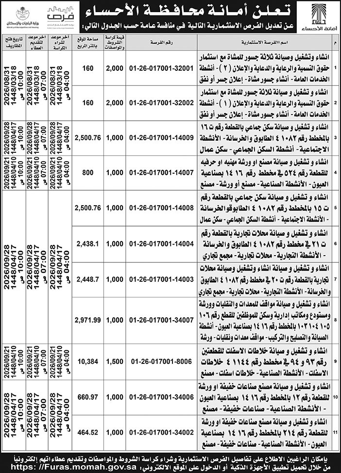 إعلان أمانة محافظة الأحساء 
