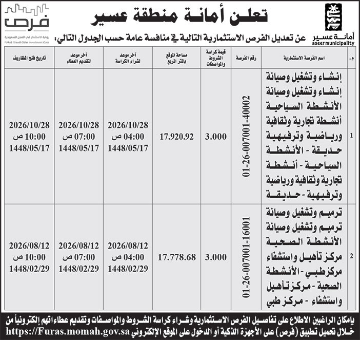 إعلان أمانة منطقة عسير 