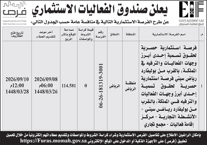 إعلان صندوق الفعاليات الاستثماري 