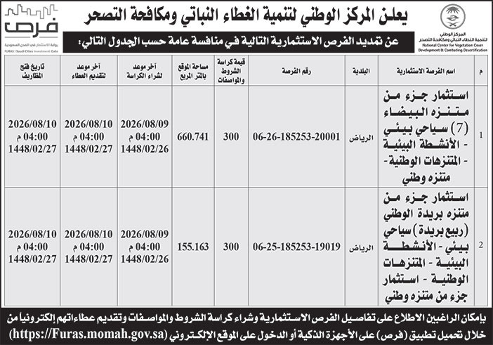 إعلان المركز الوطنية لتنمية الغطاء النباتي ومكافحة التصحر 