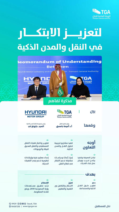 هيئة النقل توقع مذكرة تفاهم لتطوير حلول التنقل الذكية والمستدامة 