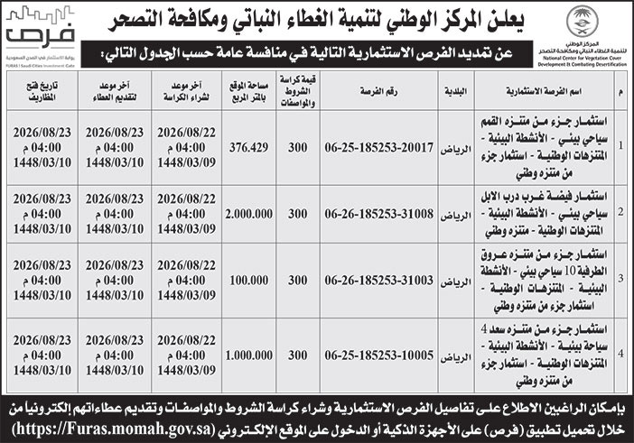 إعلان المركز الوطني لتنمية الغطاء النباتي ومكافحة التصحر 