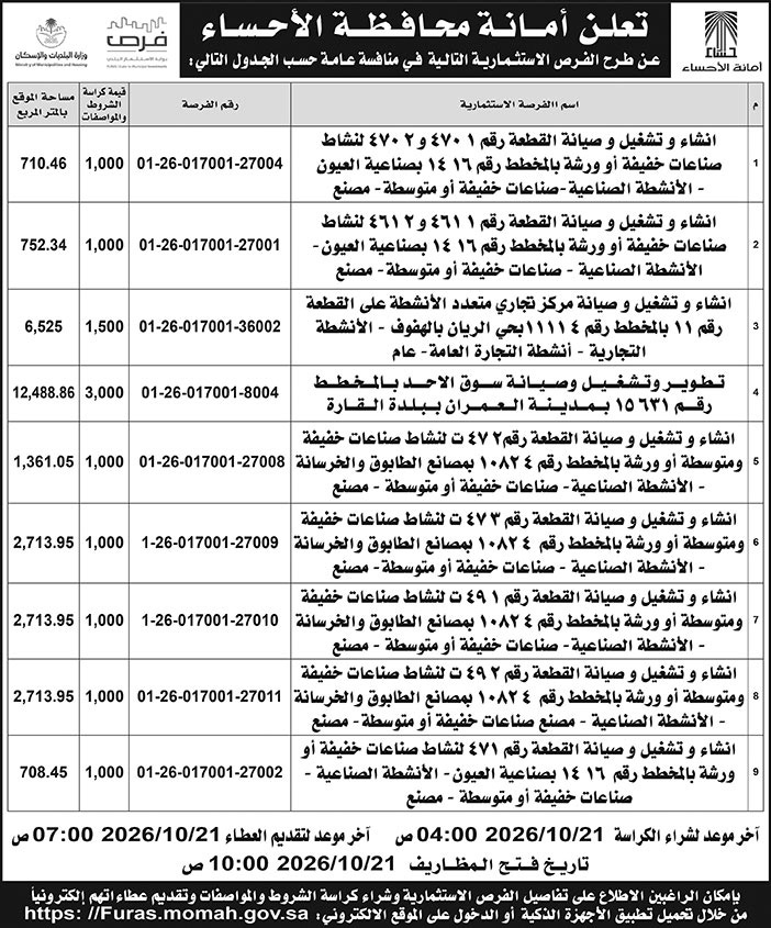 إعلان أمانة محافظة الأحساء 