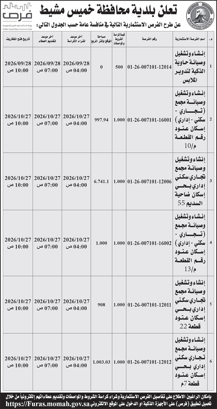 إعلان بلدية محافظة خميس مشيط 
