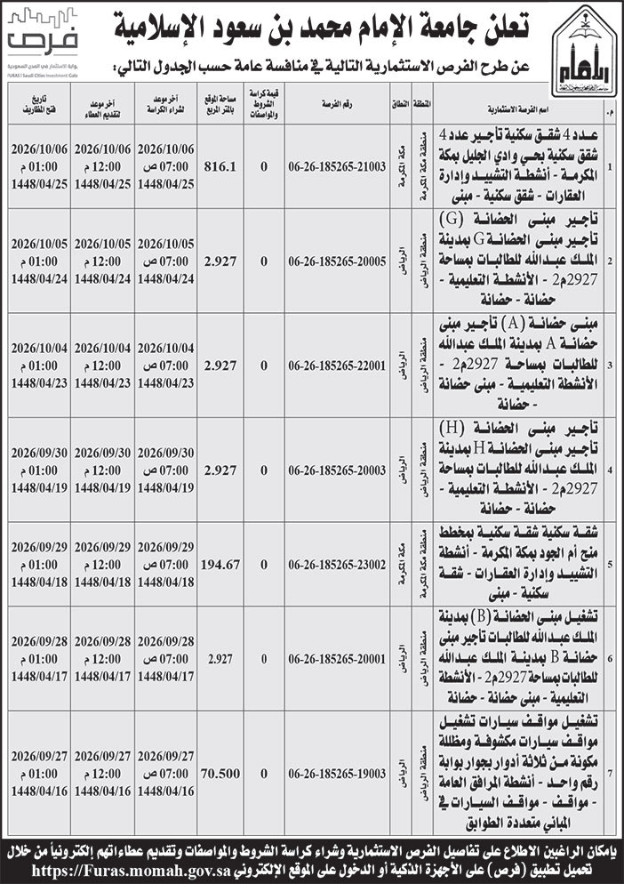 إعلان جامعة الإمام محمد بن سعود الإسلامية 