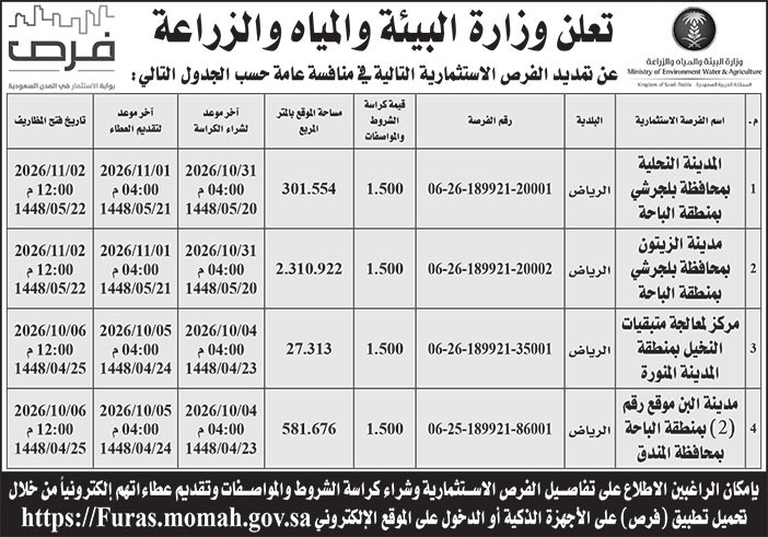 إعلان وزارة البيئة والمياه والزراعة 