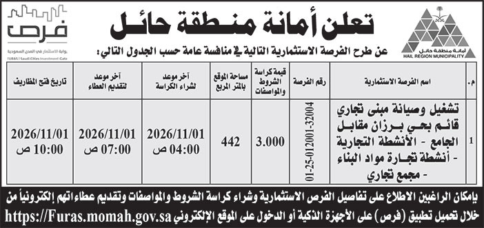 إعلان أمانة منطقة حائل 