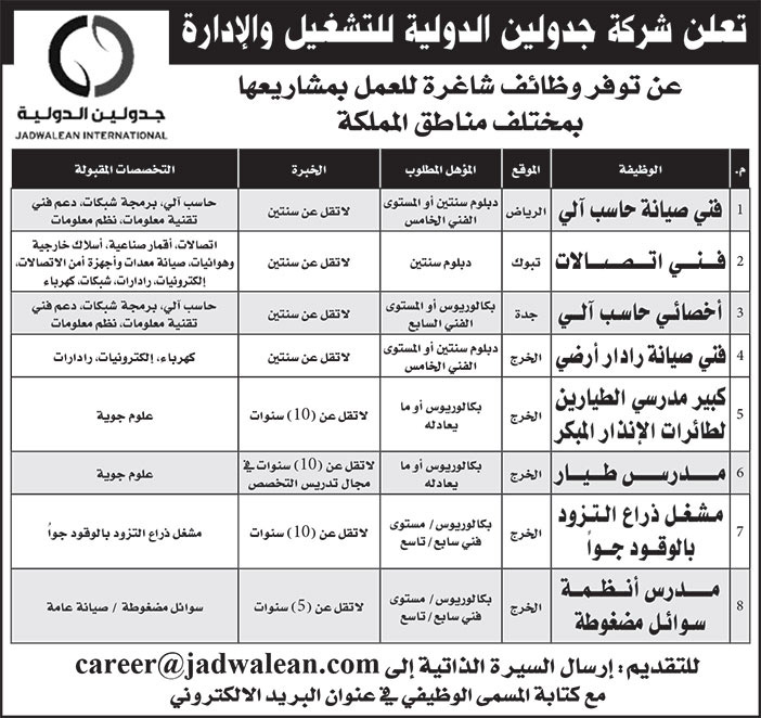 إعلان شركة جدولين الدولية للتشغيل والإدارة 