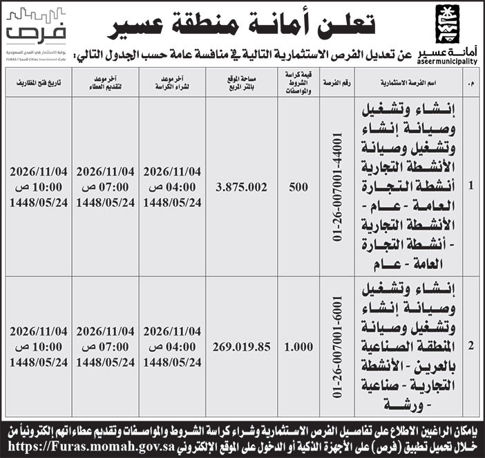 إعلان أمانة منطقة عسير 