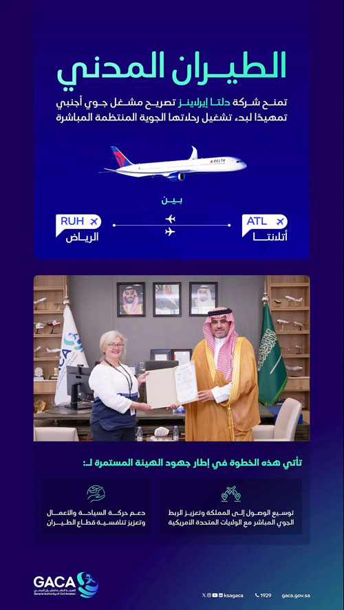 «هيئة الطيران المدني» تمنح «دلتا إيرلاينز» تصريح مشغل جوي 