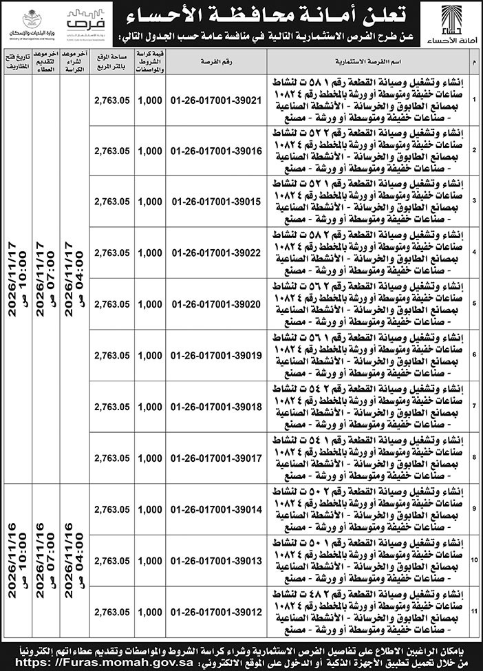 إعلان أمانة محافظة الأحساء 
