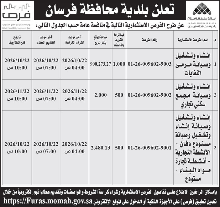 إعلان بلدية محافظة فرسان 
