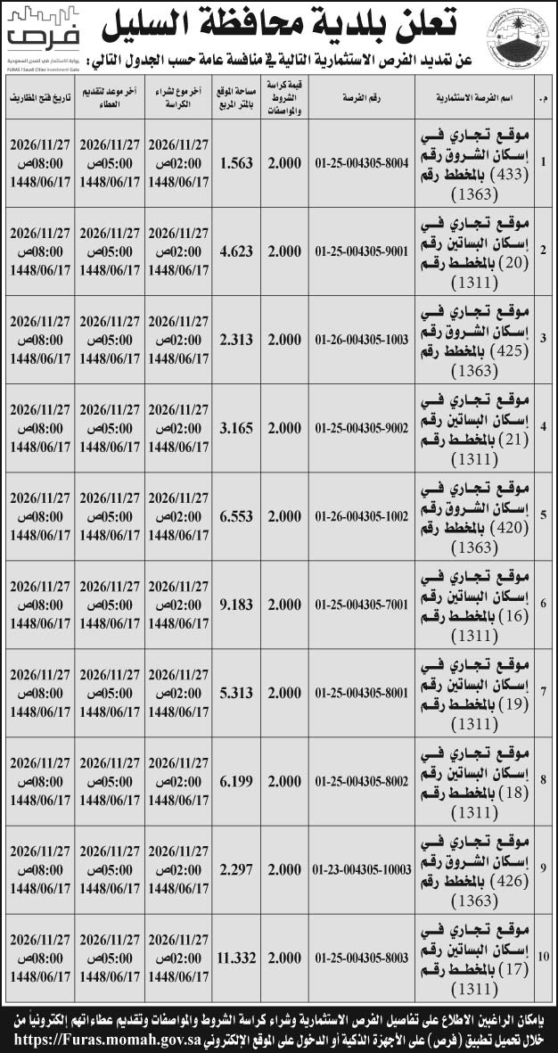 إعلان بلدية محافظة السليل 