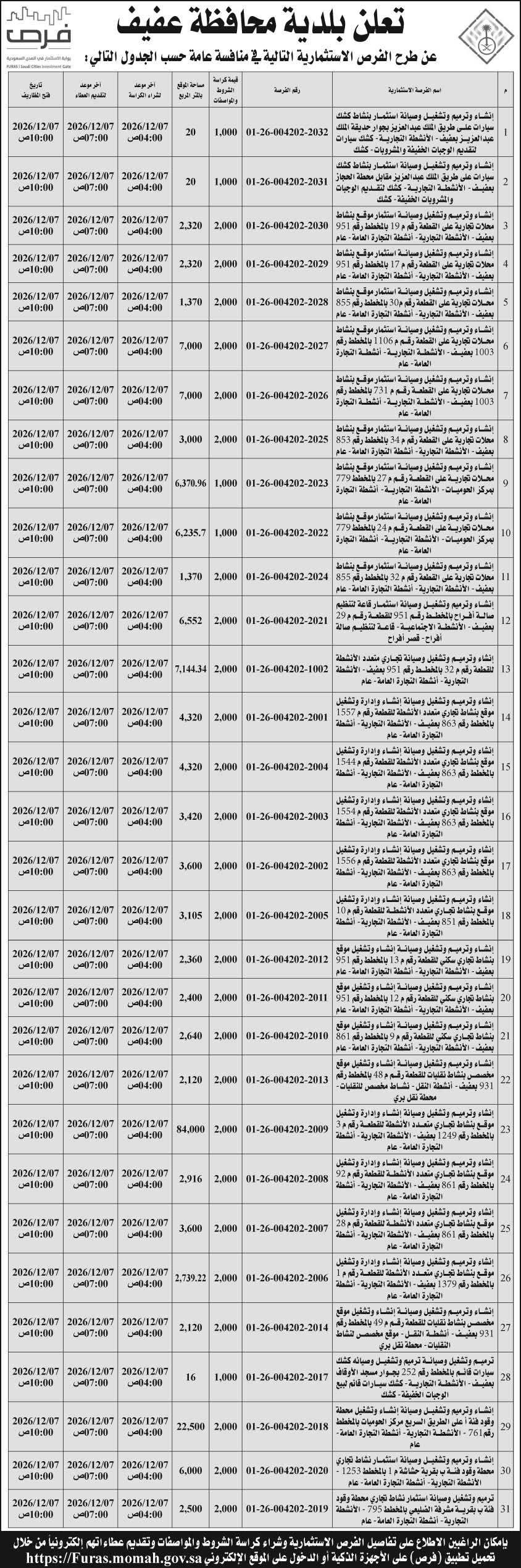 إعلان بلدية محافظة عفيف 
