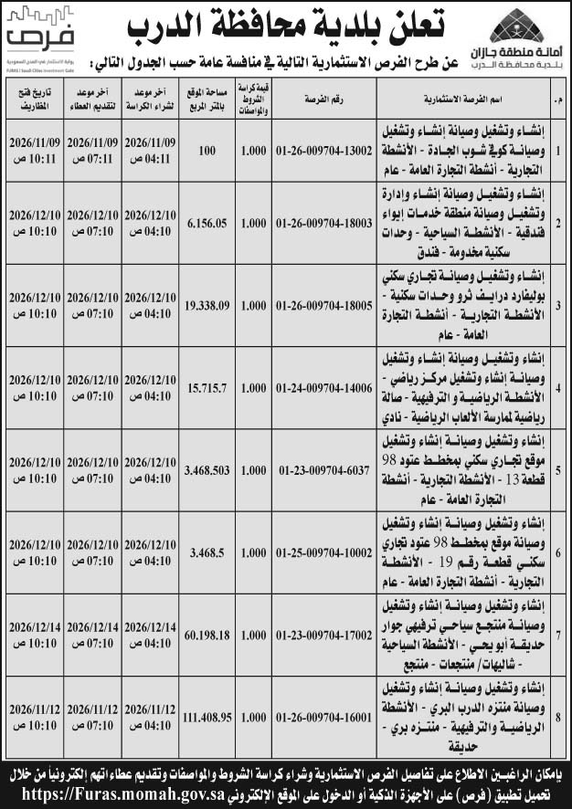 إعلان بلدية محافظة الدرب 