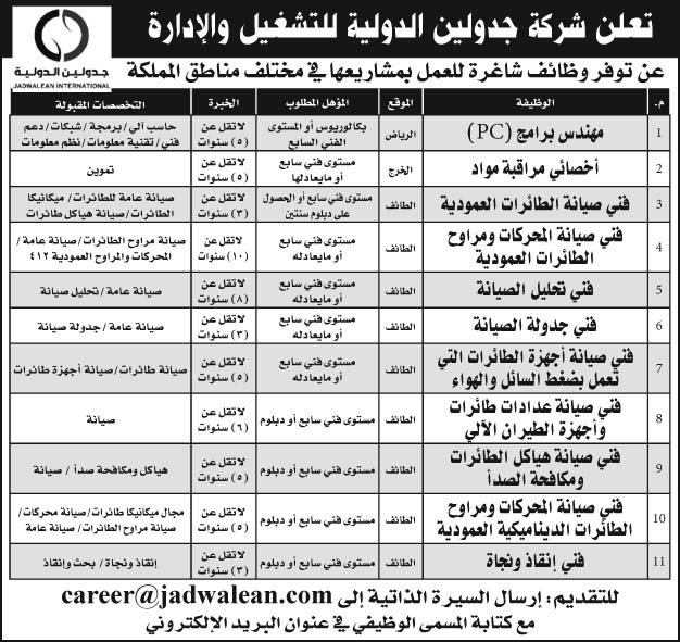 إعلان شركة جدولين الدولية للتشغيل والإدارة 