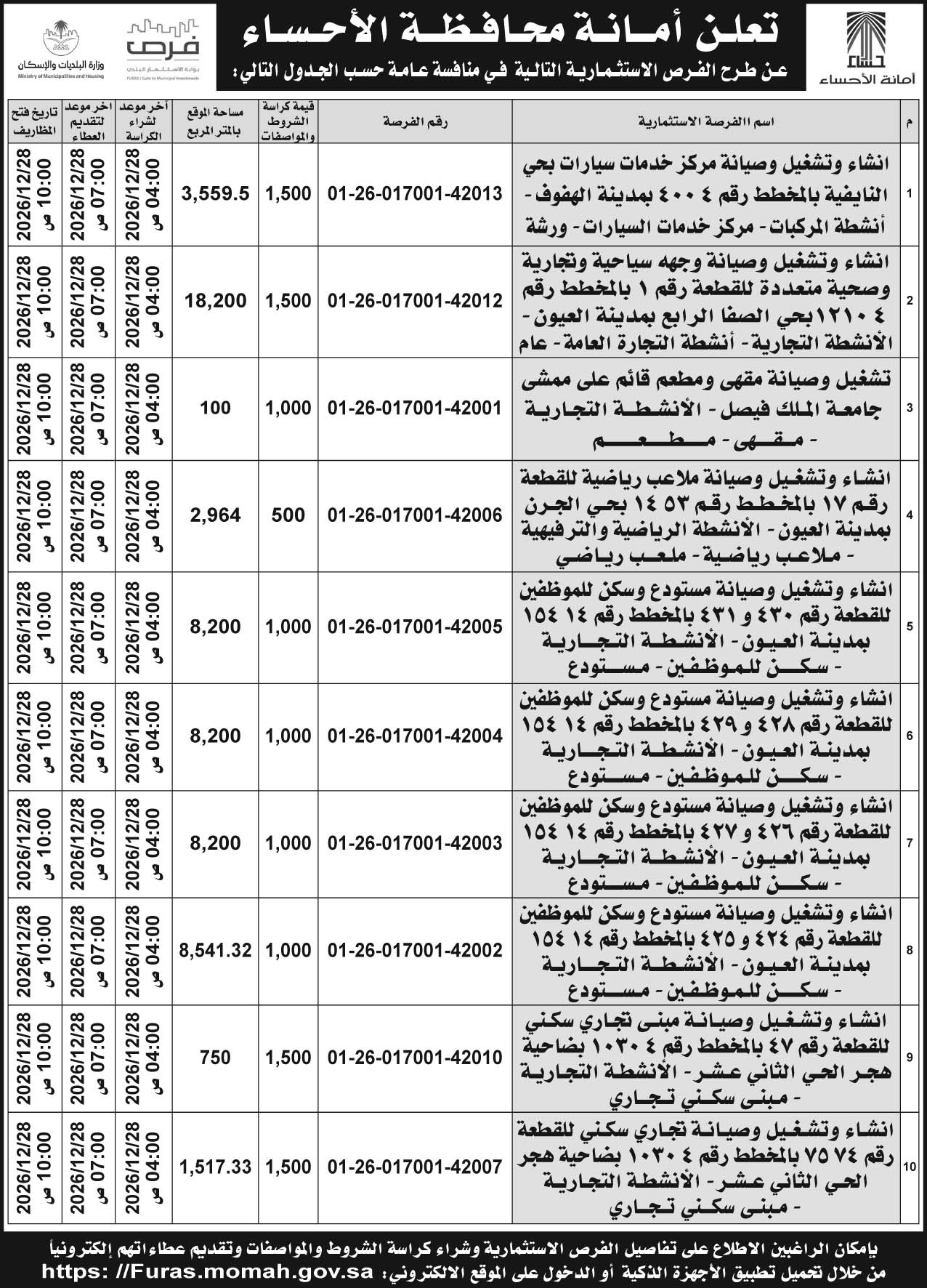 إعلان أمانة محافظة الأحساء 
