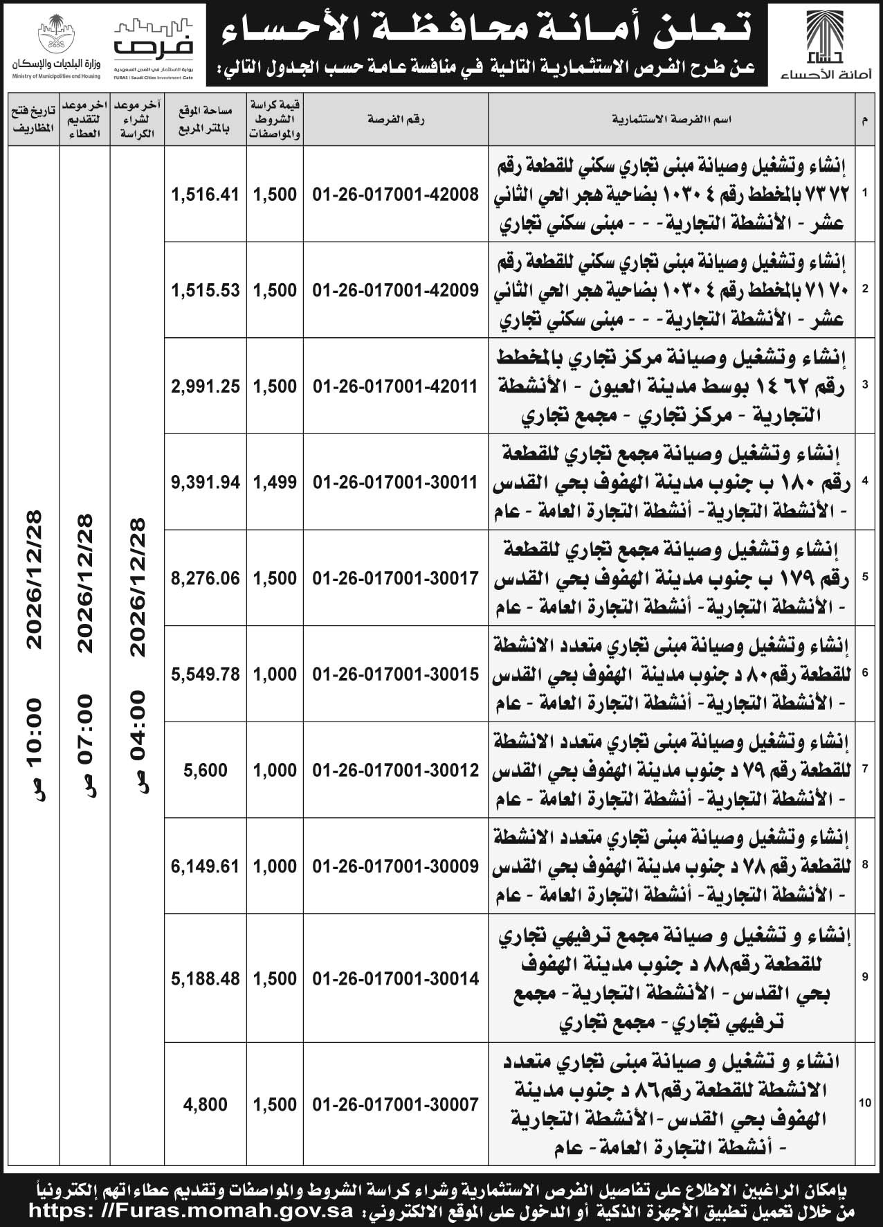 إعلان أمانة محافظة الأحساء 