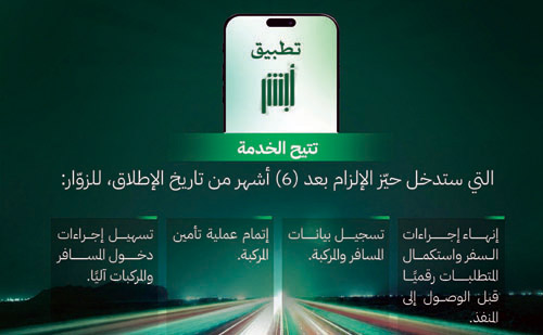 «الداخلية» تطلق خدمة «أبشر سفر للزوار» للقادمين عبر المنافذ البرية 